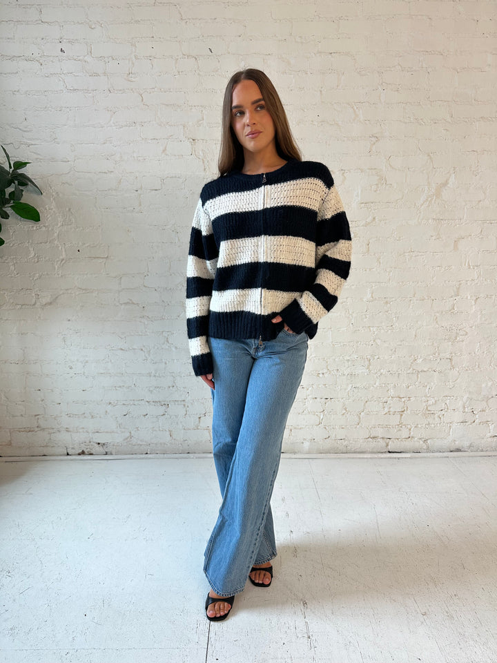 Willa Navy Striped Zip Up Sweater Jacket