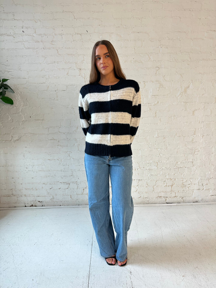 Willa Navy Striped Zip Up Sweater Jacket