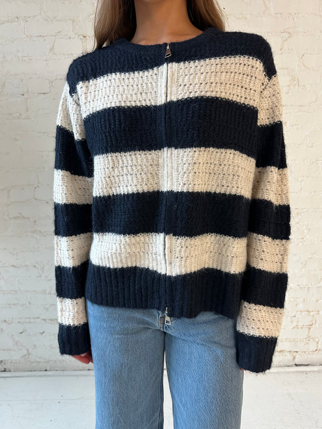 Willa Navy Striped Zip Up Sweater Jacket