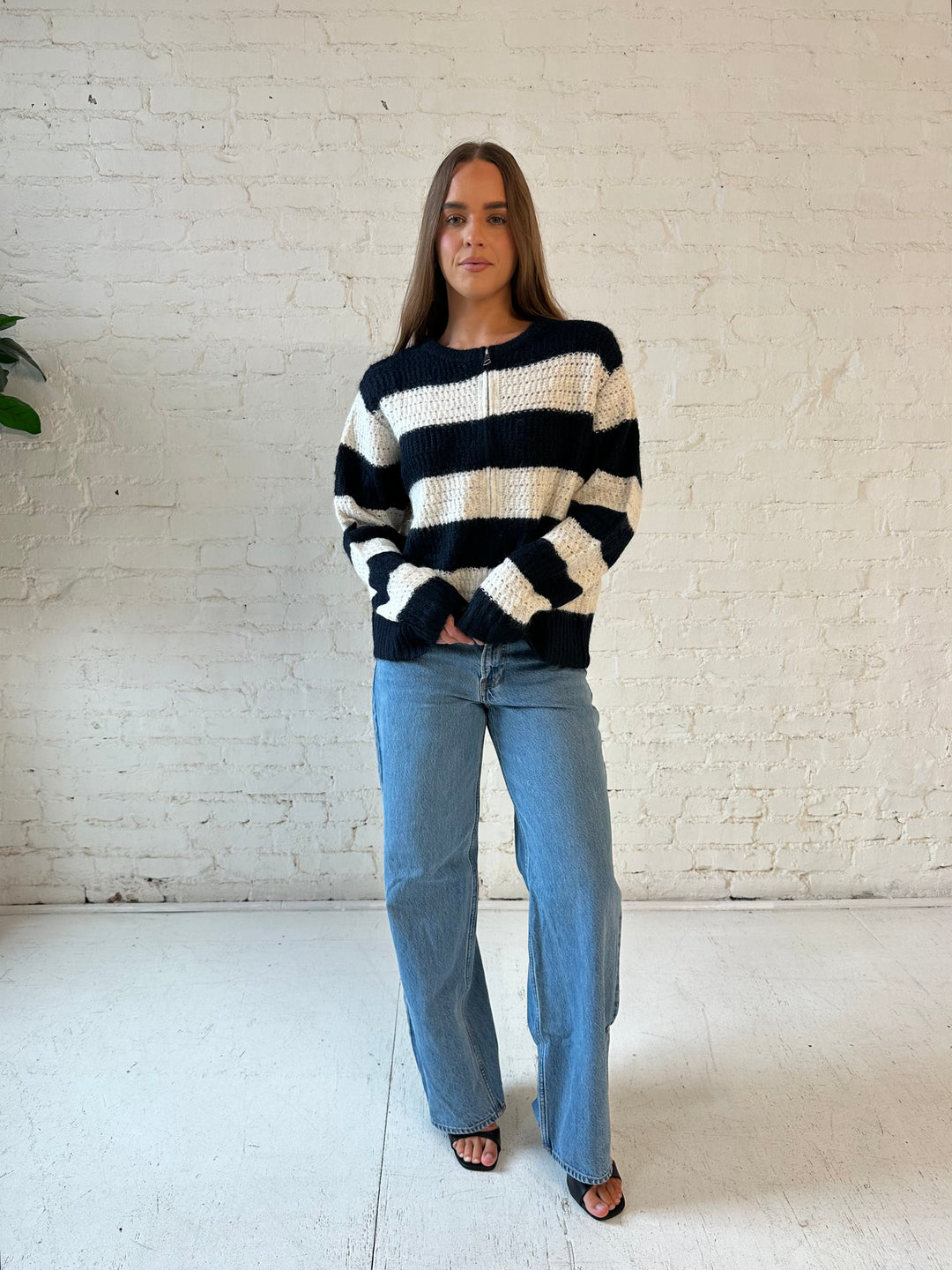 Willa Navy Striped Zip Up Sweater Jacket