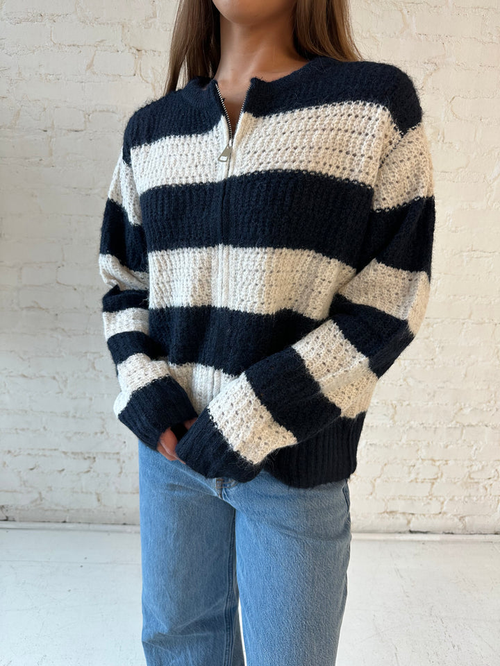 Willa Navy Striped Zip Up Sweater Jacket