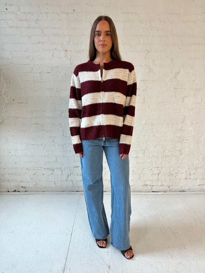 Joey Burgundy Striped Zip Up Sweater Jacket