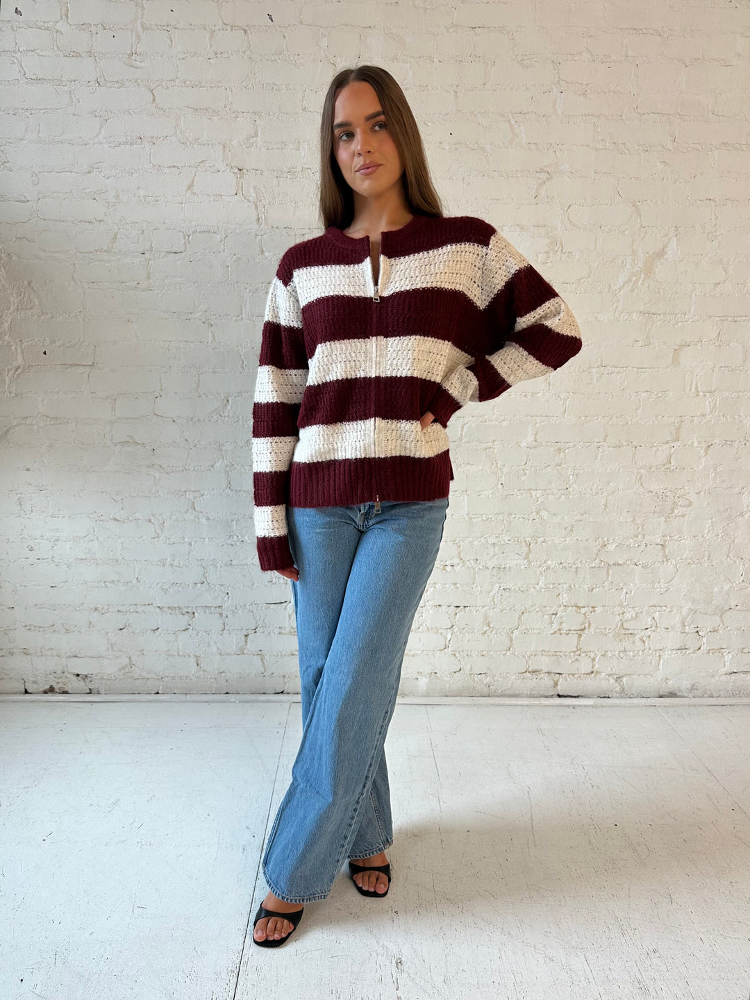 Joey Burgundy Striped Zip Up Sweater Jacket