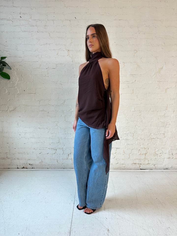 Colette Brown Chiffon Backless Top