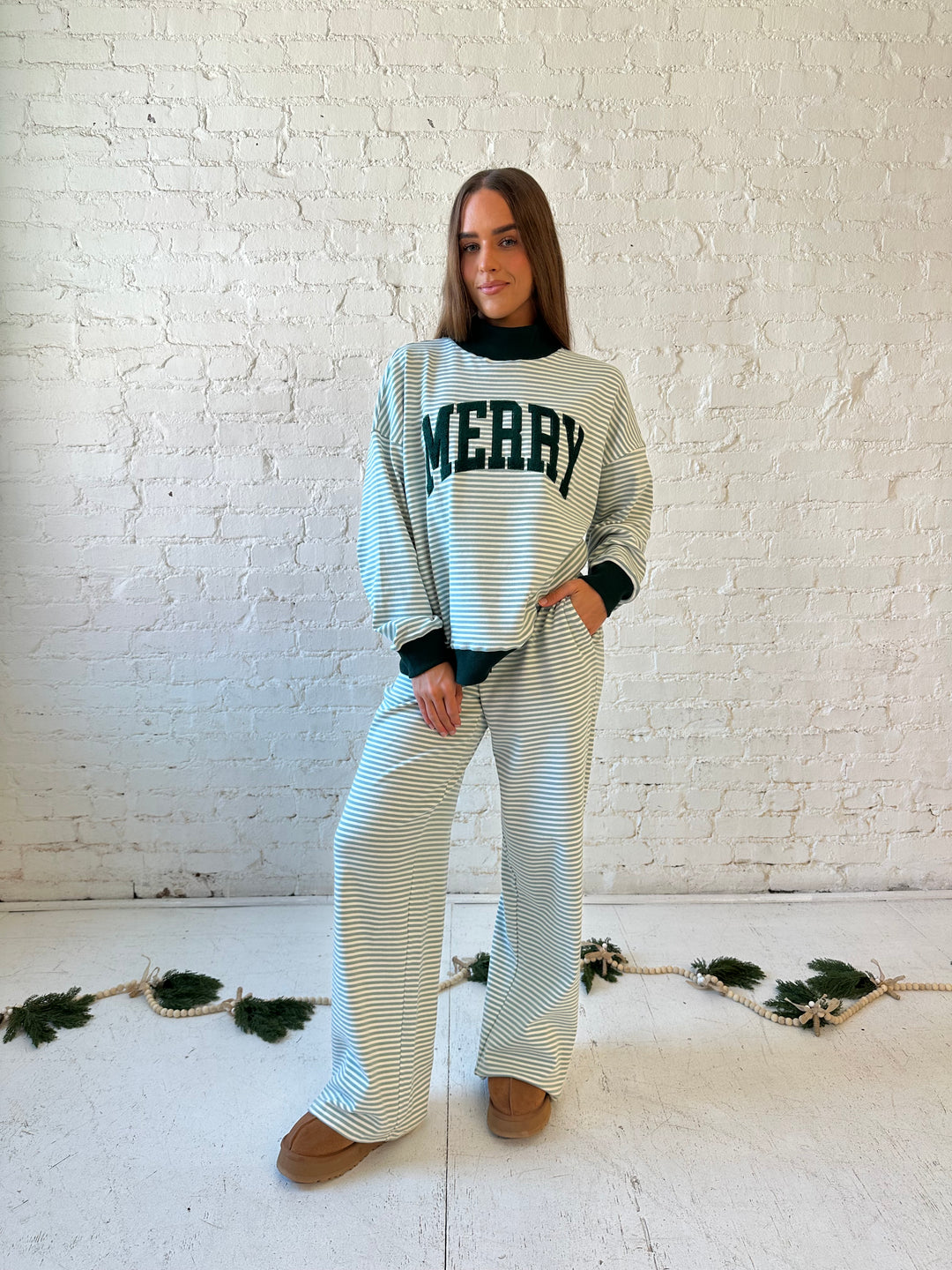 Merry Green Striped Two Piece Lounge Set