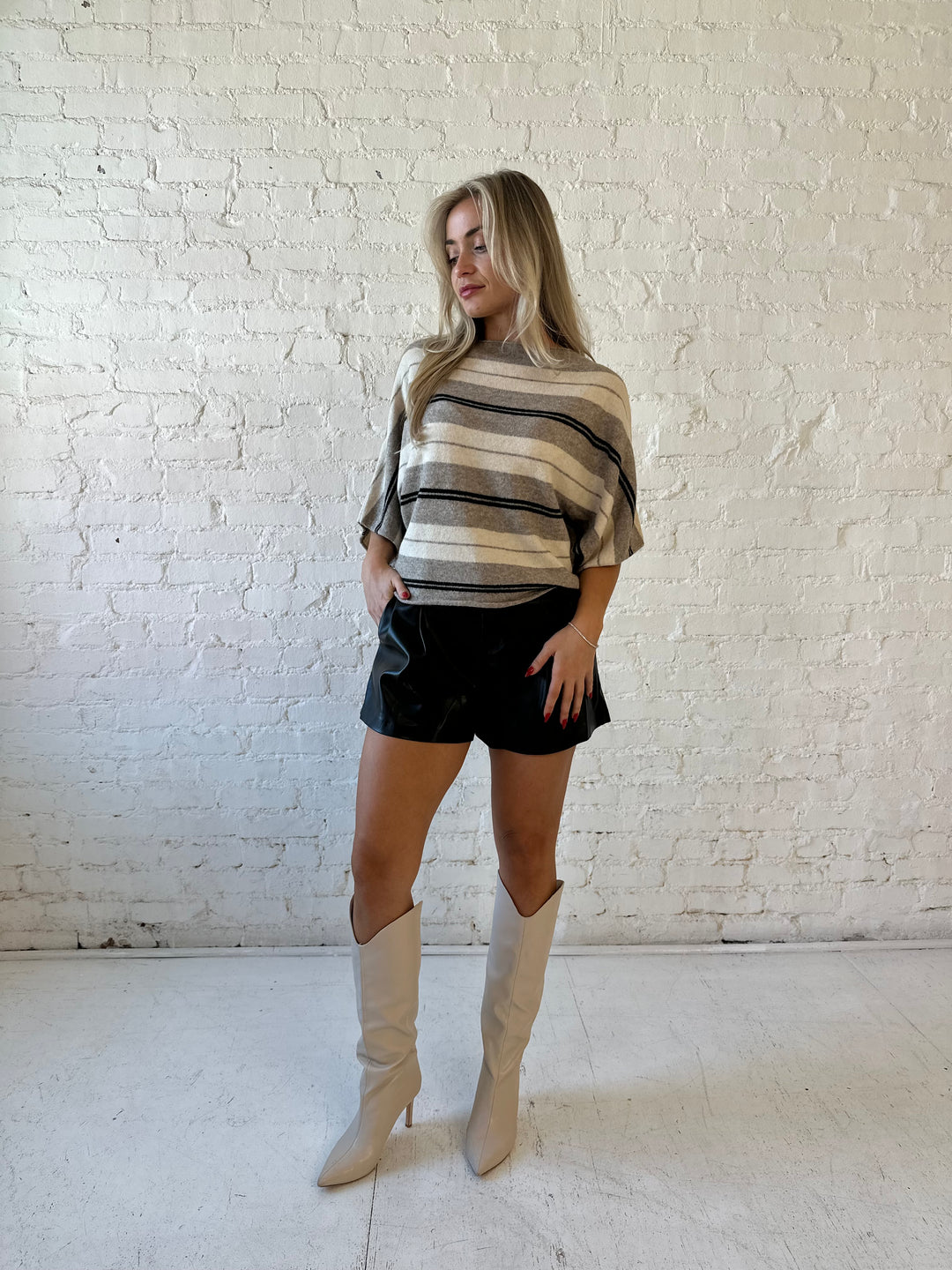 Cecily Beige Striped Short Sleeve Sweater