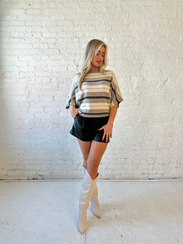 Cecily Beige Striped Short Sleeve Sweater