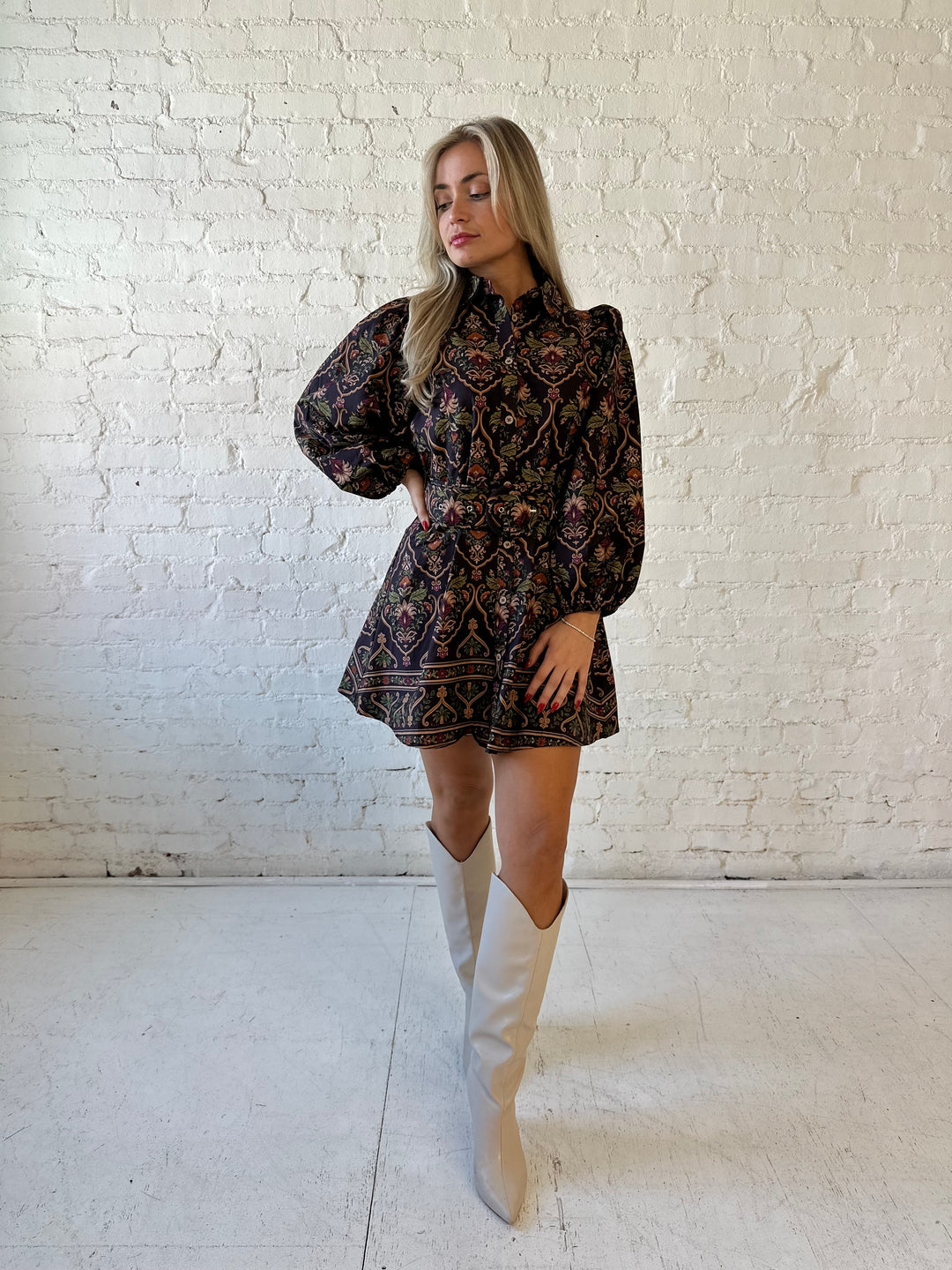 Penny Multicolor Belted Long Sleeve Mini Dress