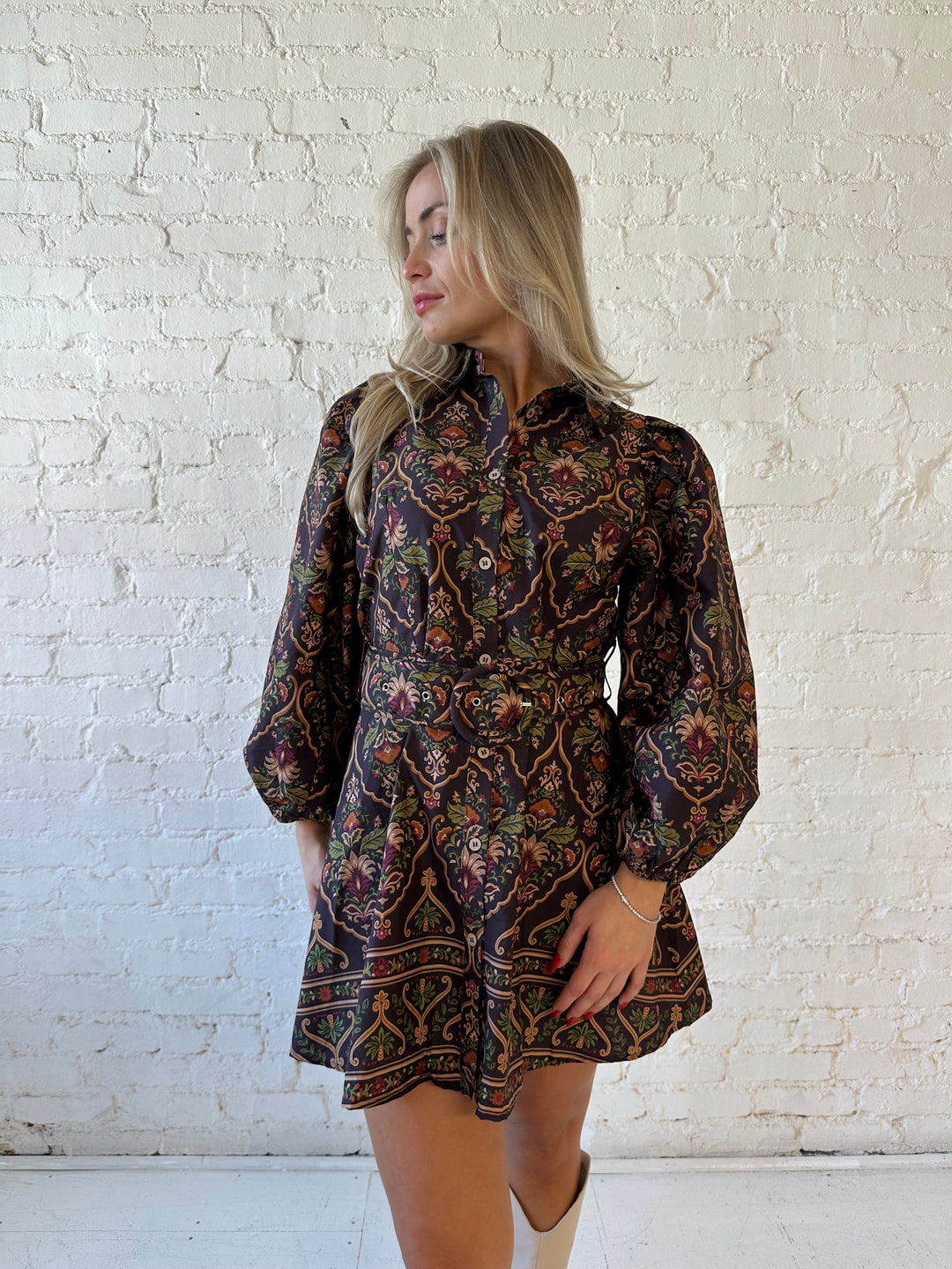 Penny Multicolor Belted Long Sleeve Mini Dress