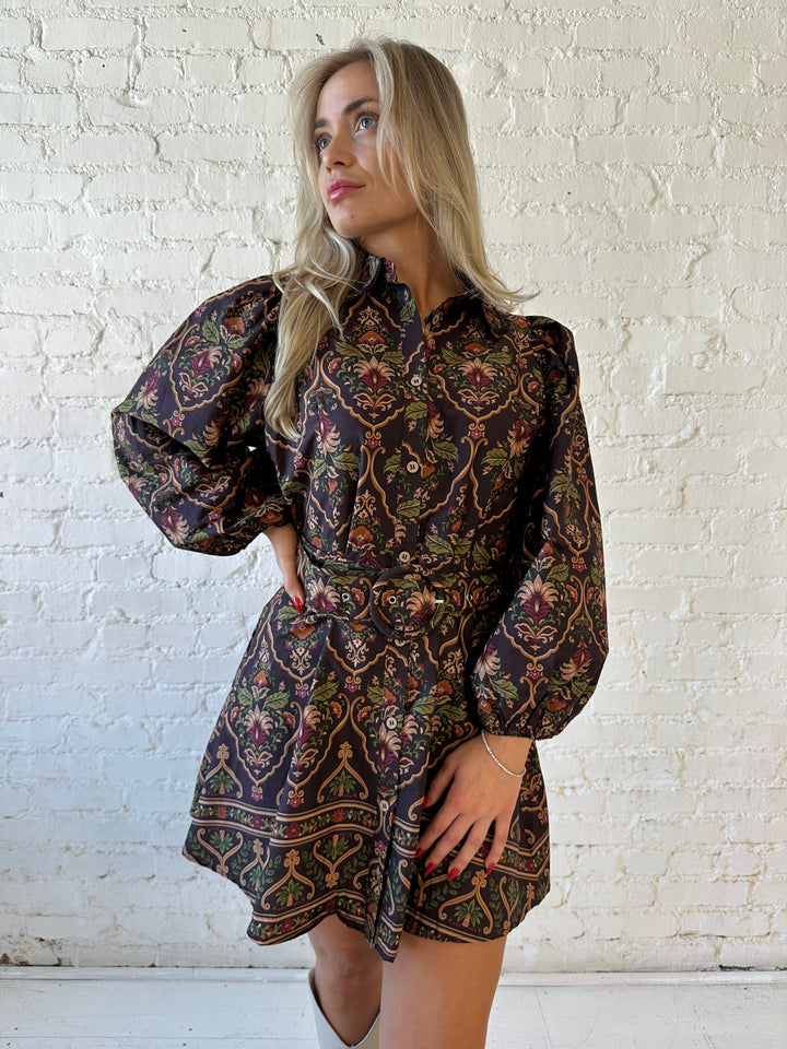 Penny Multicolor Belted Long Sleeve Mini Dress