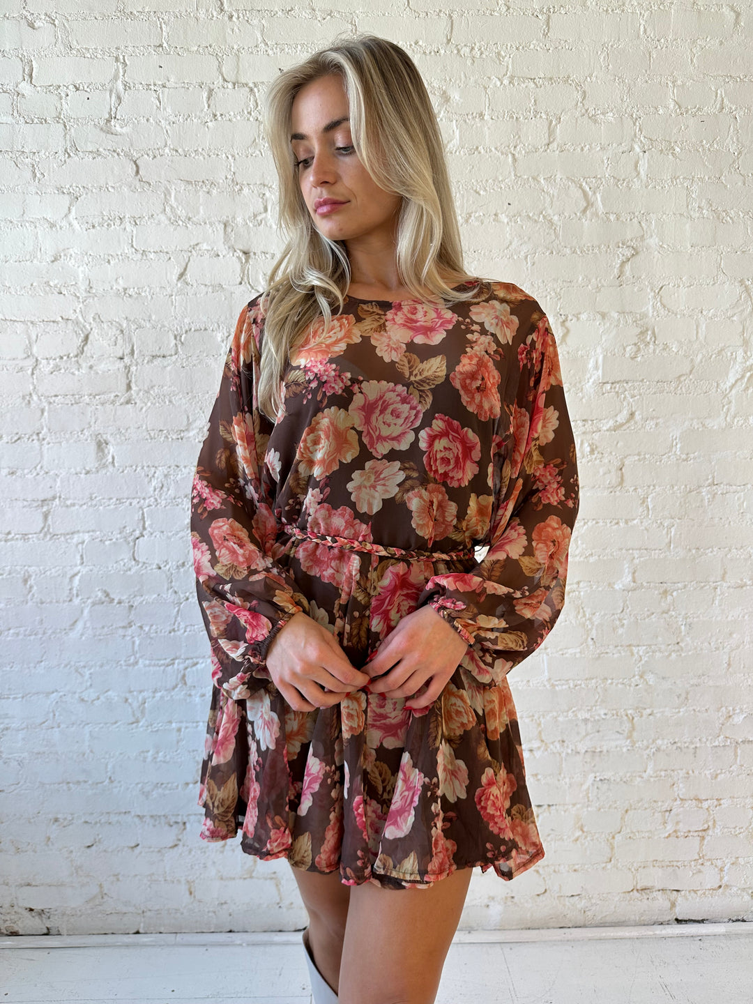 Viviana Brown & Pink Floral Long Sleeve Mini Dress