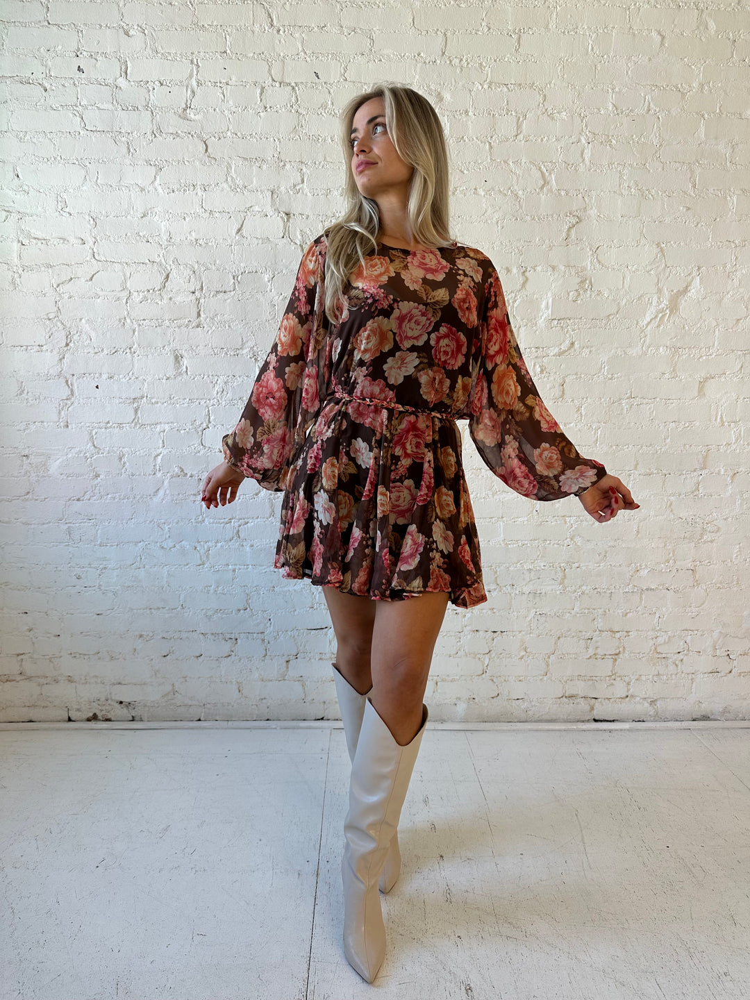 Viviana Brown & Pink Floral Long Sleeve Mini Dress