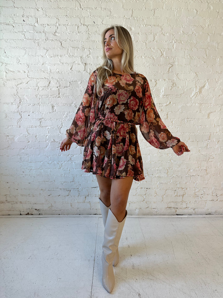 Viviana Brown & Pink Floral Long Sleeve Mini Dress