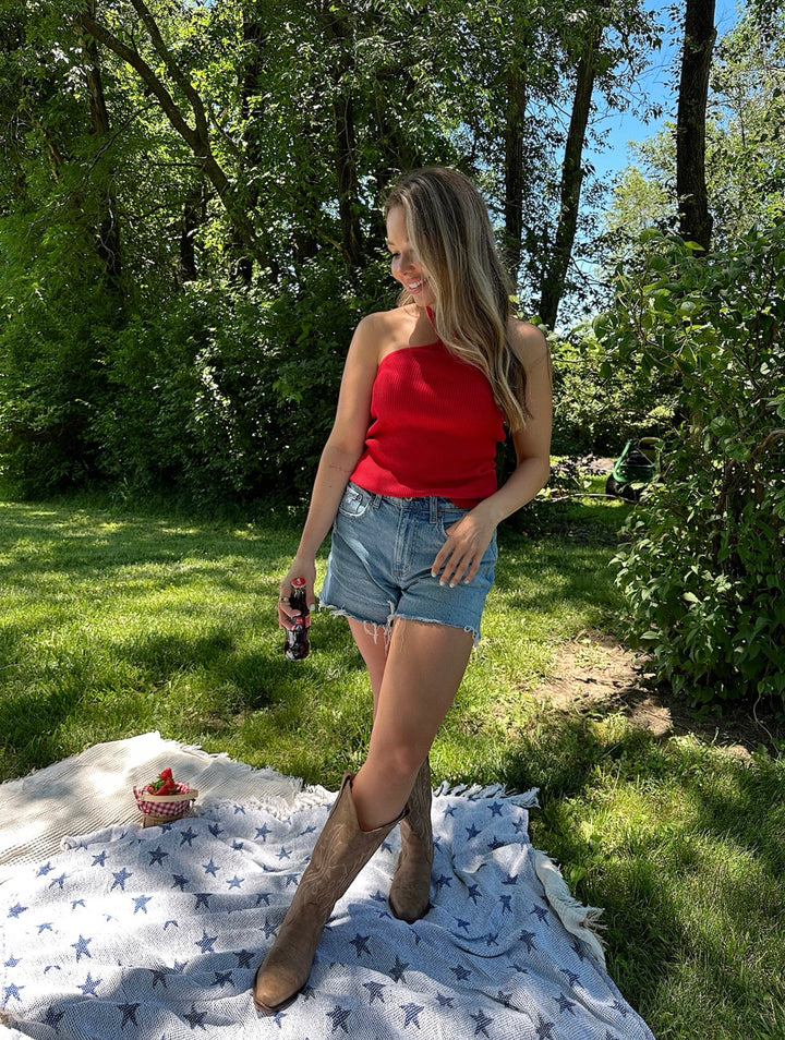 Hailey Red Halter Neck Ribbed Top