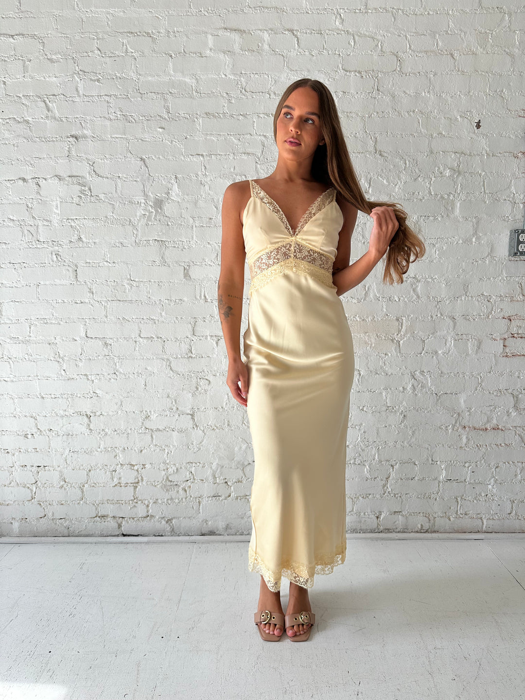 Bryn Butter Yellow Satin Lace Trim Maxi Dress