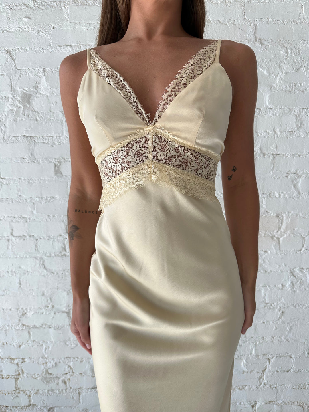 Bryn Butter Yellow Satin Lace Trim Maxi Dress