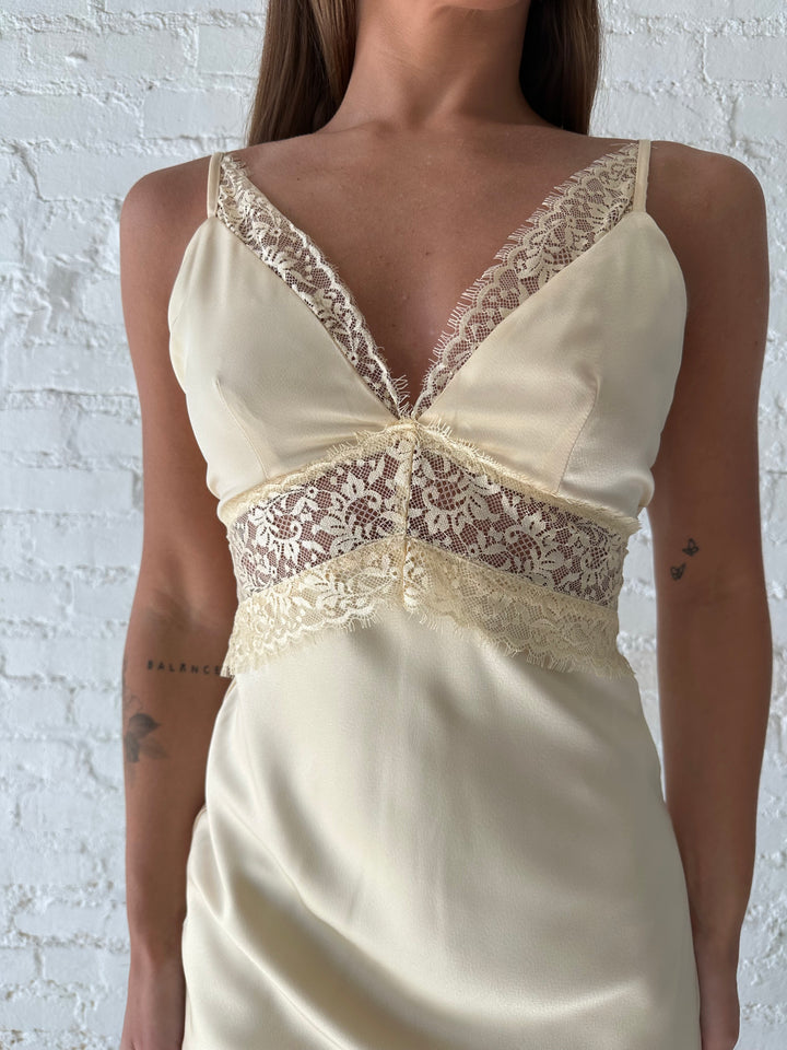 Bryn Butter Yellow Satin Lace Trim Maxi Dress