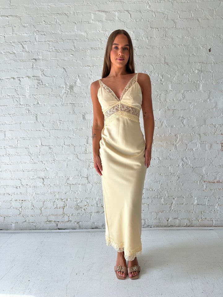 Bryn Butter Yellow Satin Lace Trim Maxi Dress