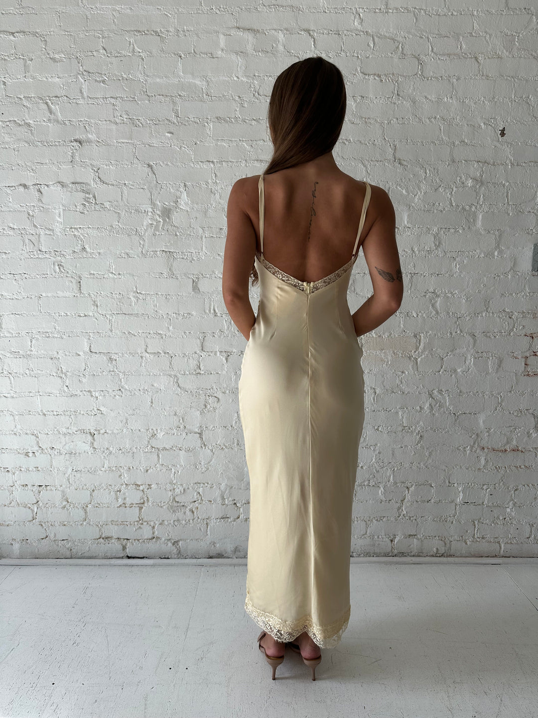 Butter Yellow Satin Lace Trim Maxi Dress