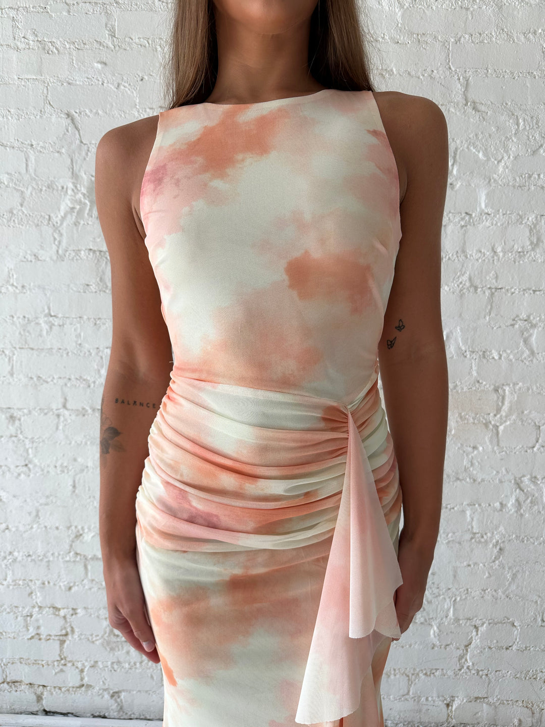 Clara Yellow Watercolor Ruched Maxi Dress