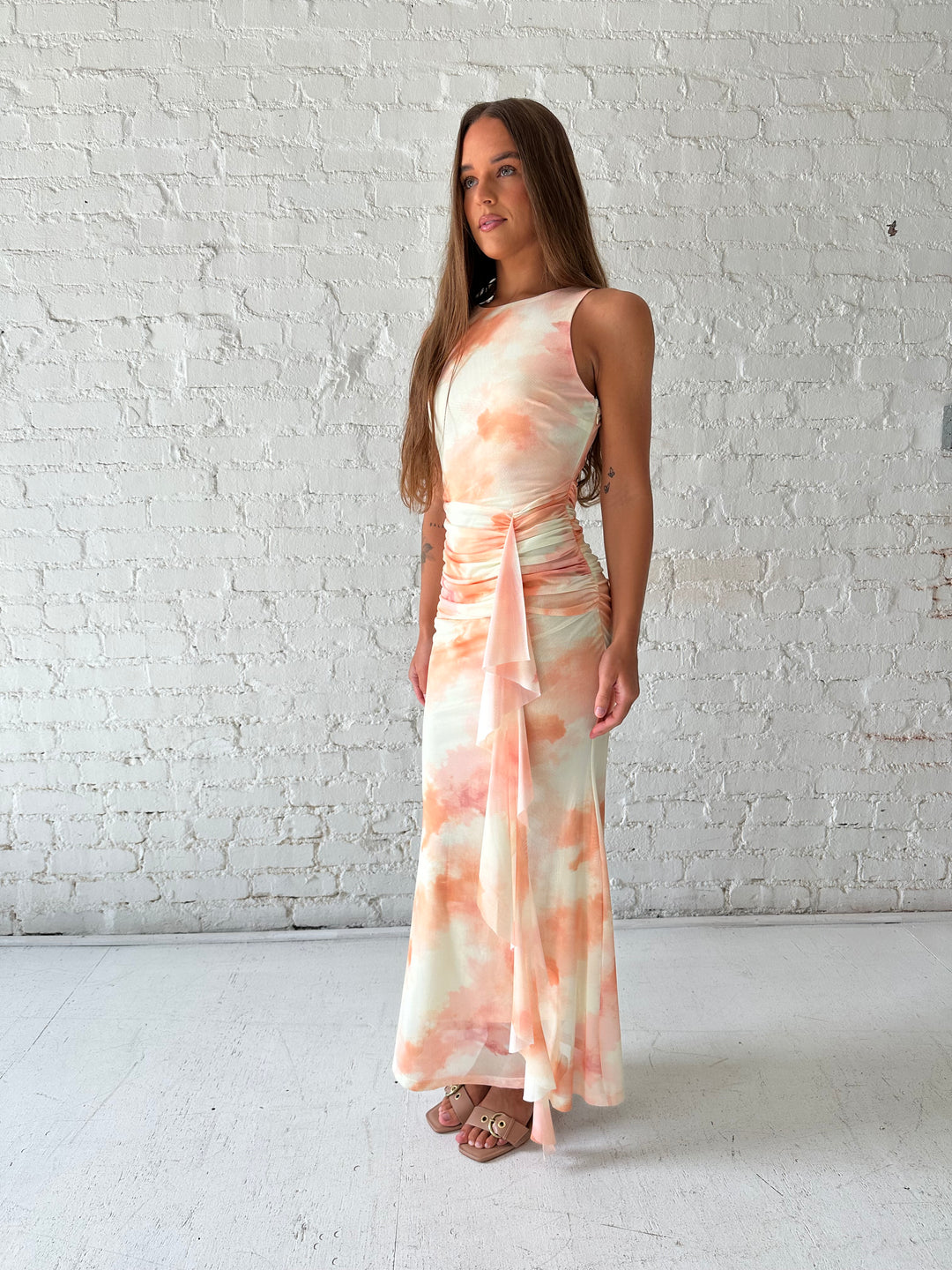 Clara Yellow Watercolor Ruched Maxi Dress