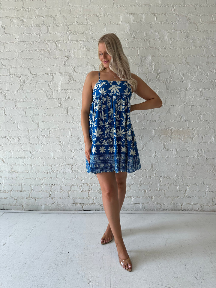 Jolie Beige and Blue Tropical Halter Mini Dress