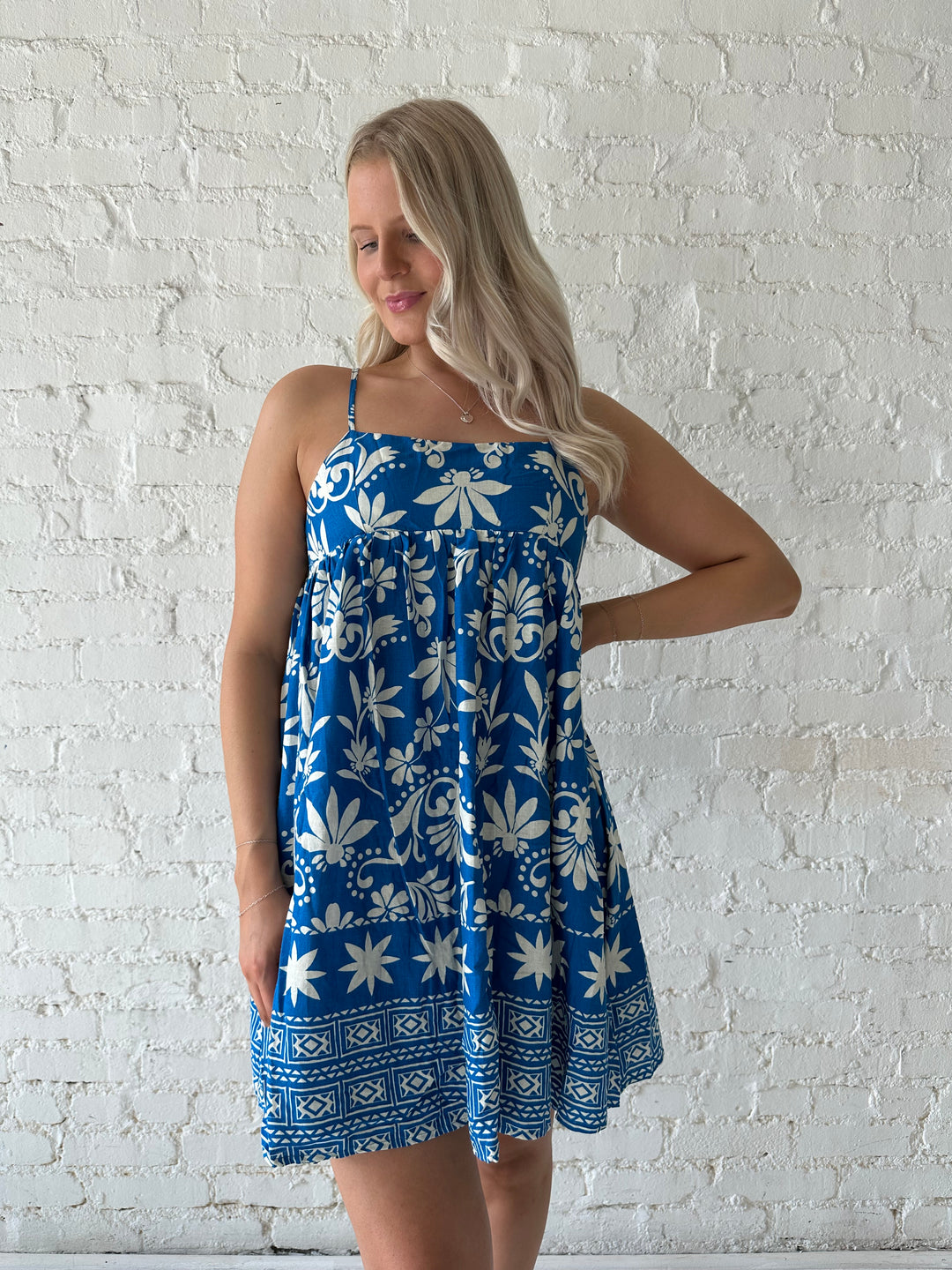 Jolie Beige and Blue Tropical Halter Mini Dress