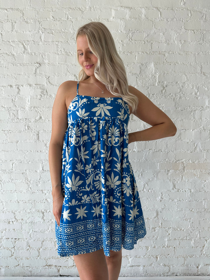 Jolie Beige and Blue Tropical Halter Mini Dress