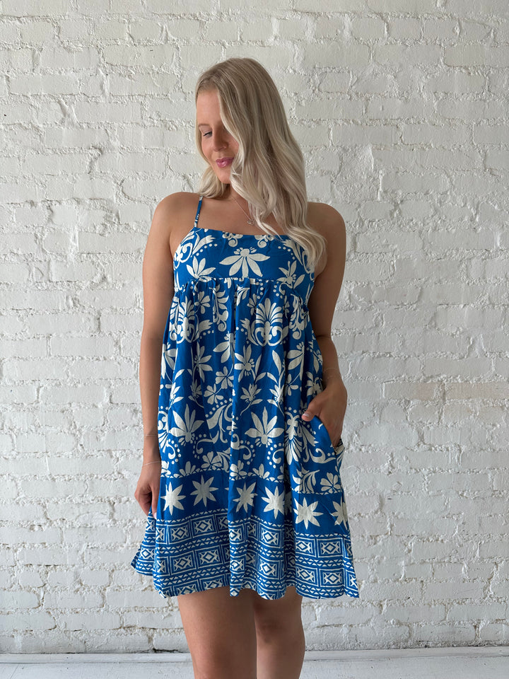 Jolie Beige and Blue Tropical Halter Mini Dress