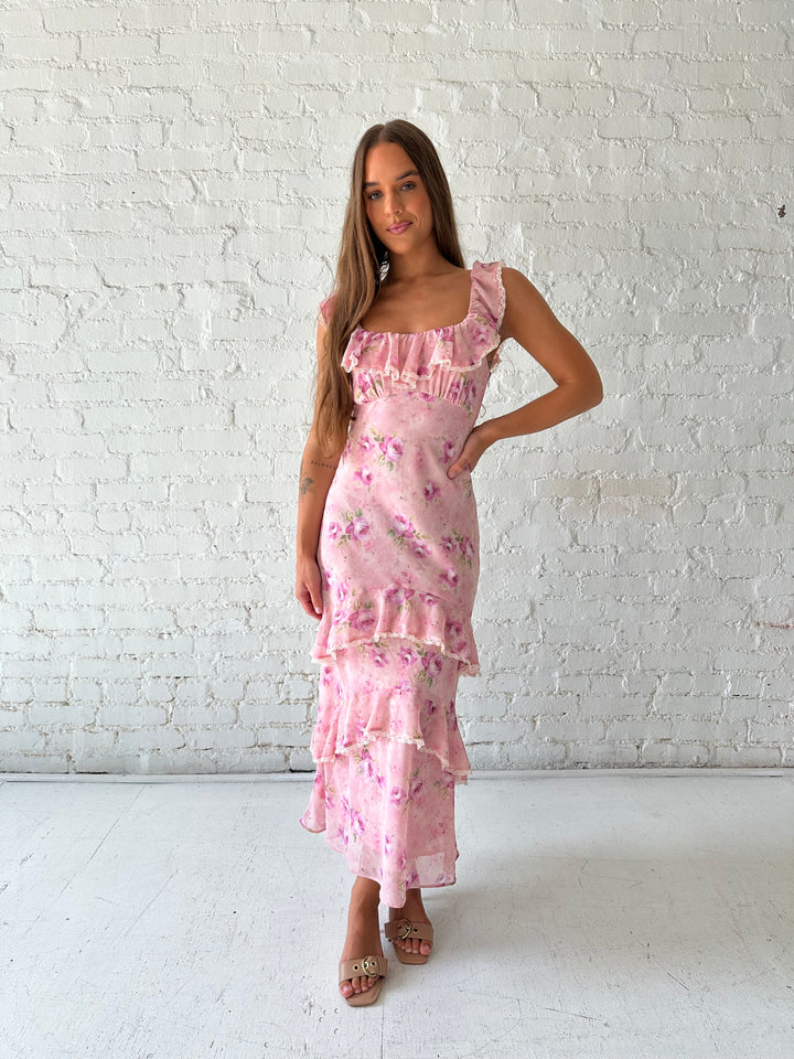 Kaylen Pink Floral Tiered Maxi Dress