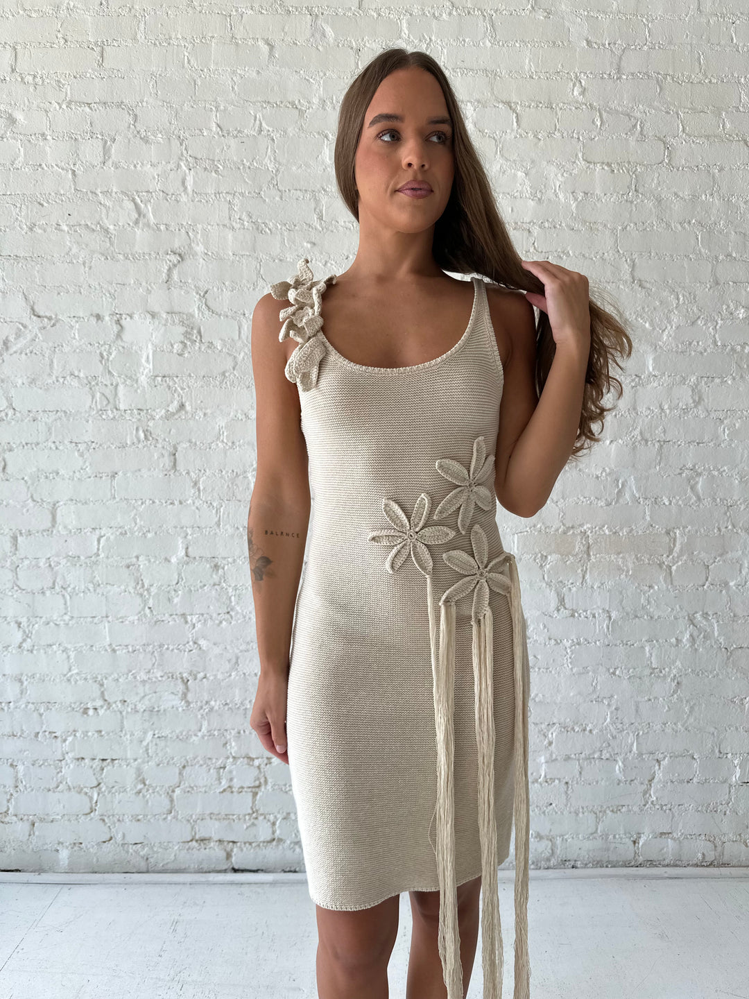 Natasha Nude 3D Floral Applique Mini Dress