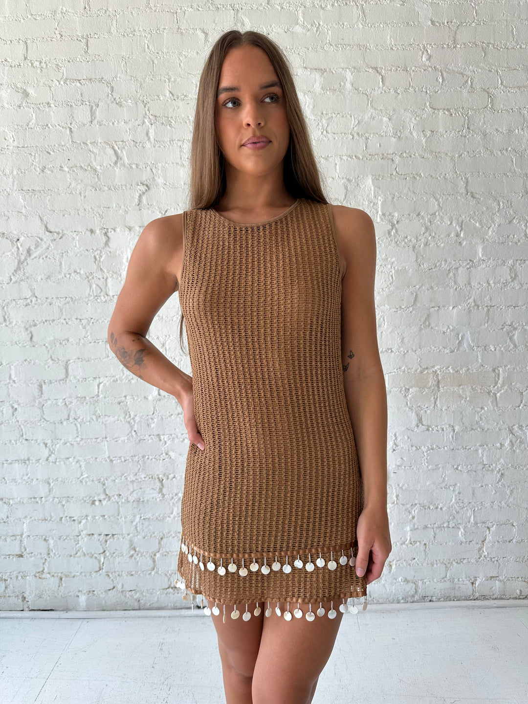 Trina Shell Fringe Knit Mini Dress- Brown