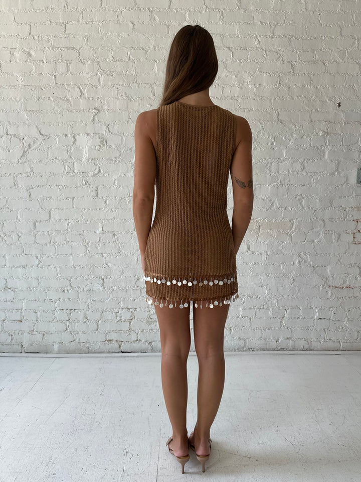Trina Shell Fringe Knit Mini Dress- Brown