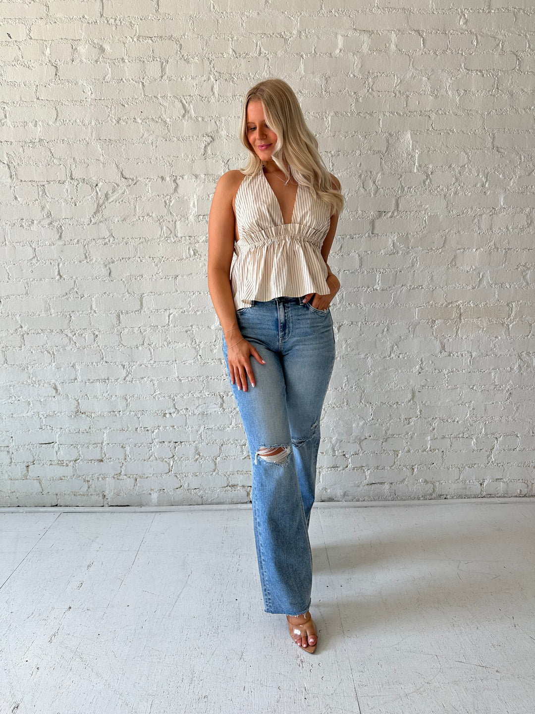 Genna Brown Striped Halter Top