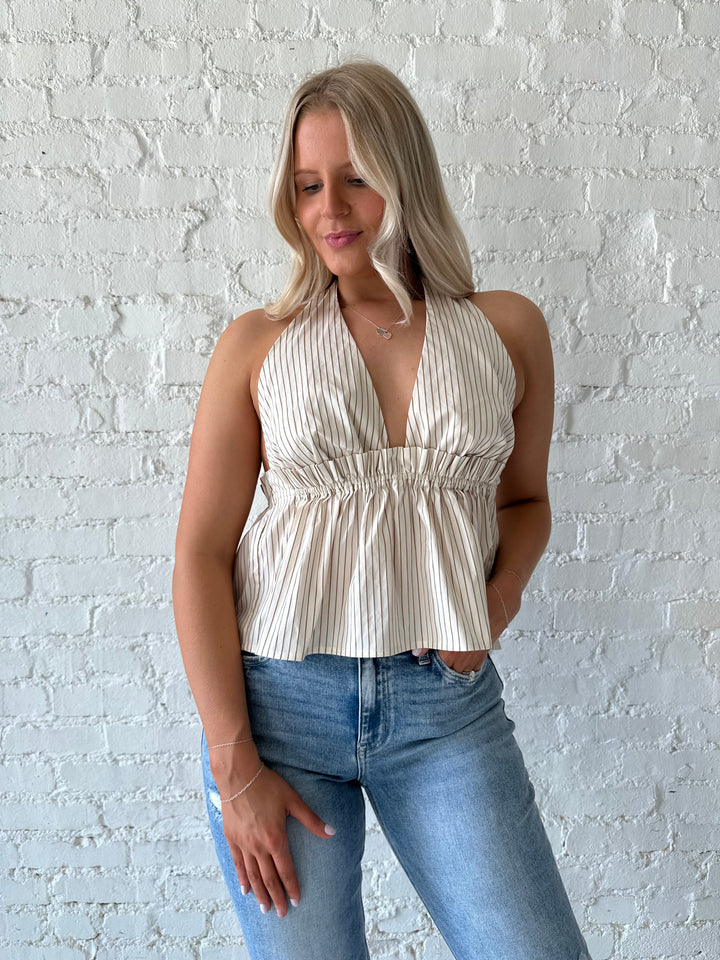 Genna Brown Striped Halter Top