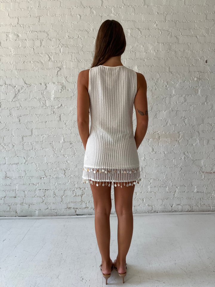Trina Shell Fringe Knit Mini Dress- Ivory