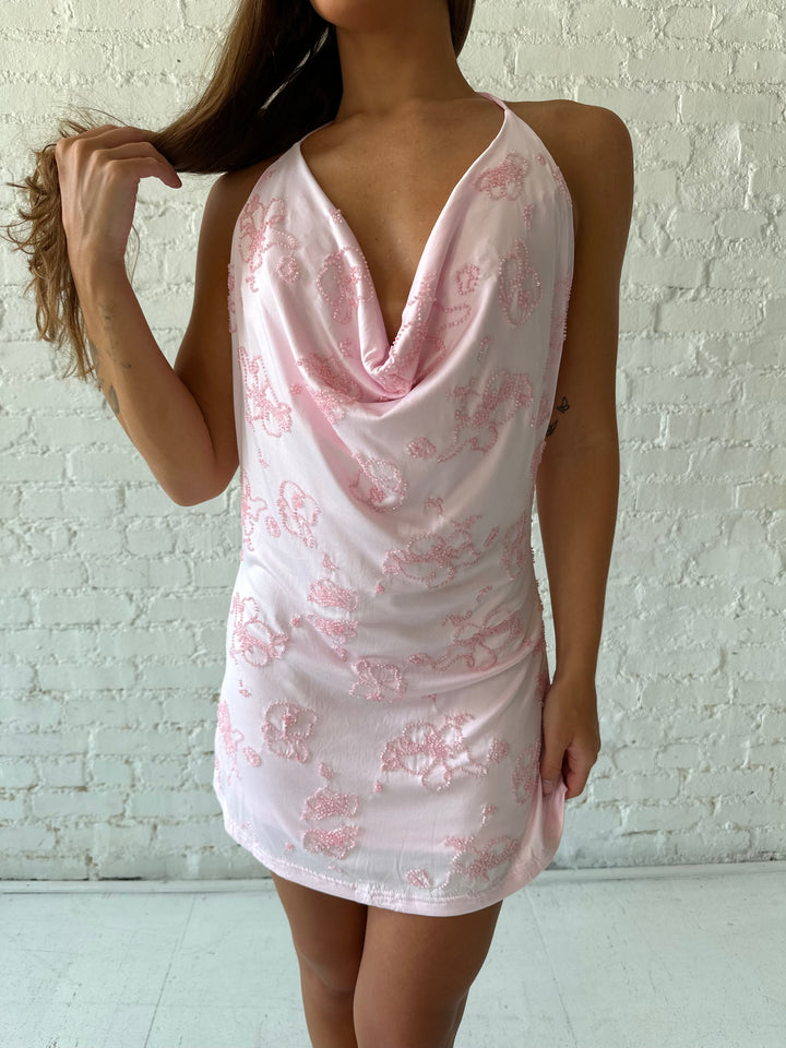 Kara Embellished Cowl Mini Dress- Pink
