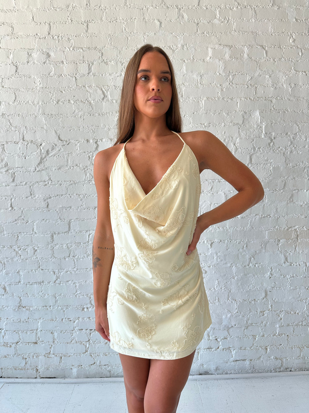 Kara Embellished Cowl Mini Dress- Yellow