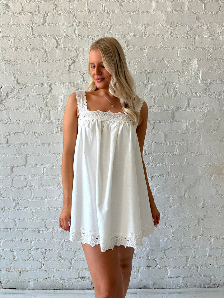Carrie White Linen Lace Trim Mini Dress