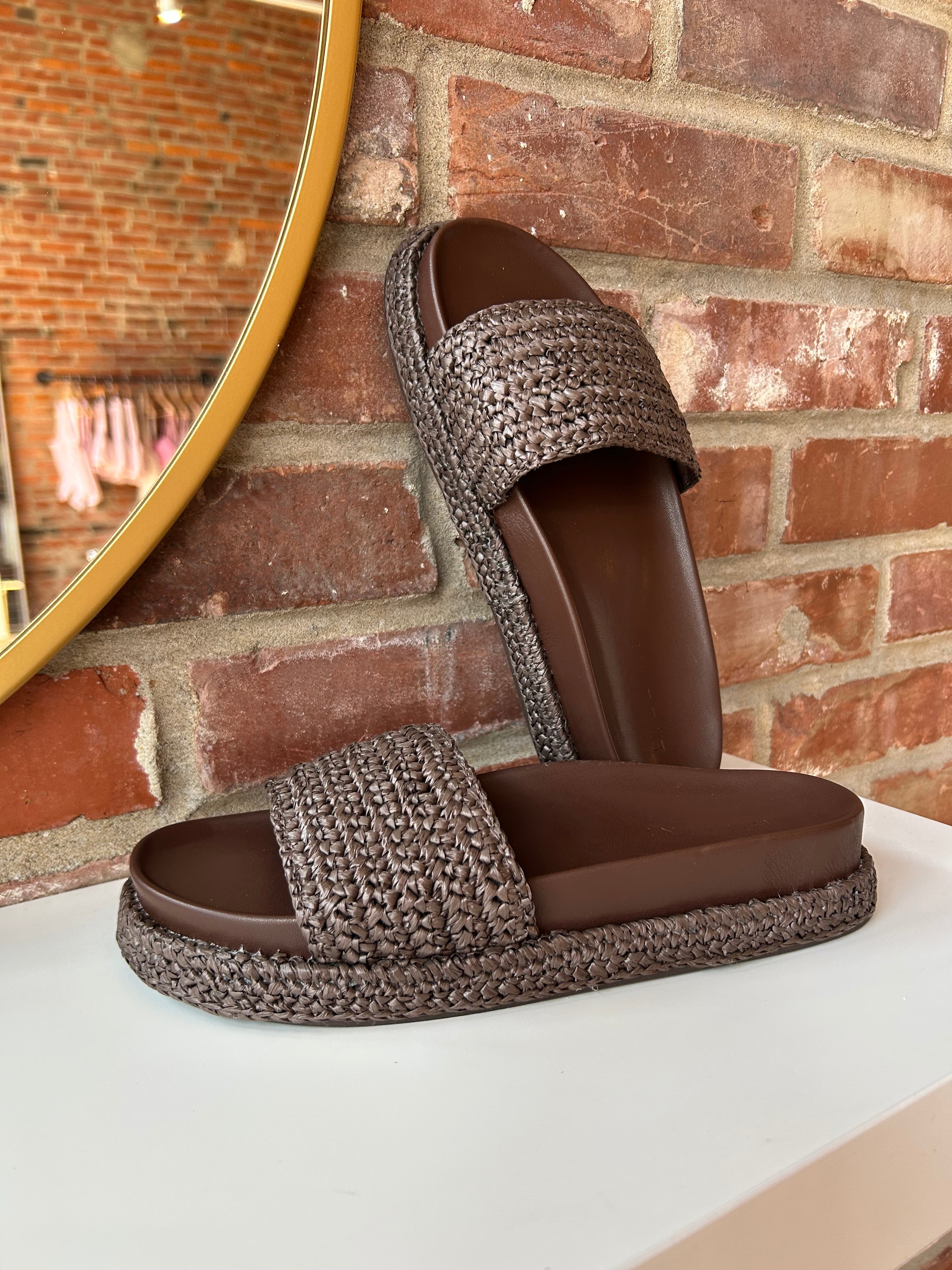 Billini Annie Brown Woven Sandal with a braided strap, cushioned sole, and slip-on design for a chic and comfortable look.
