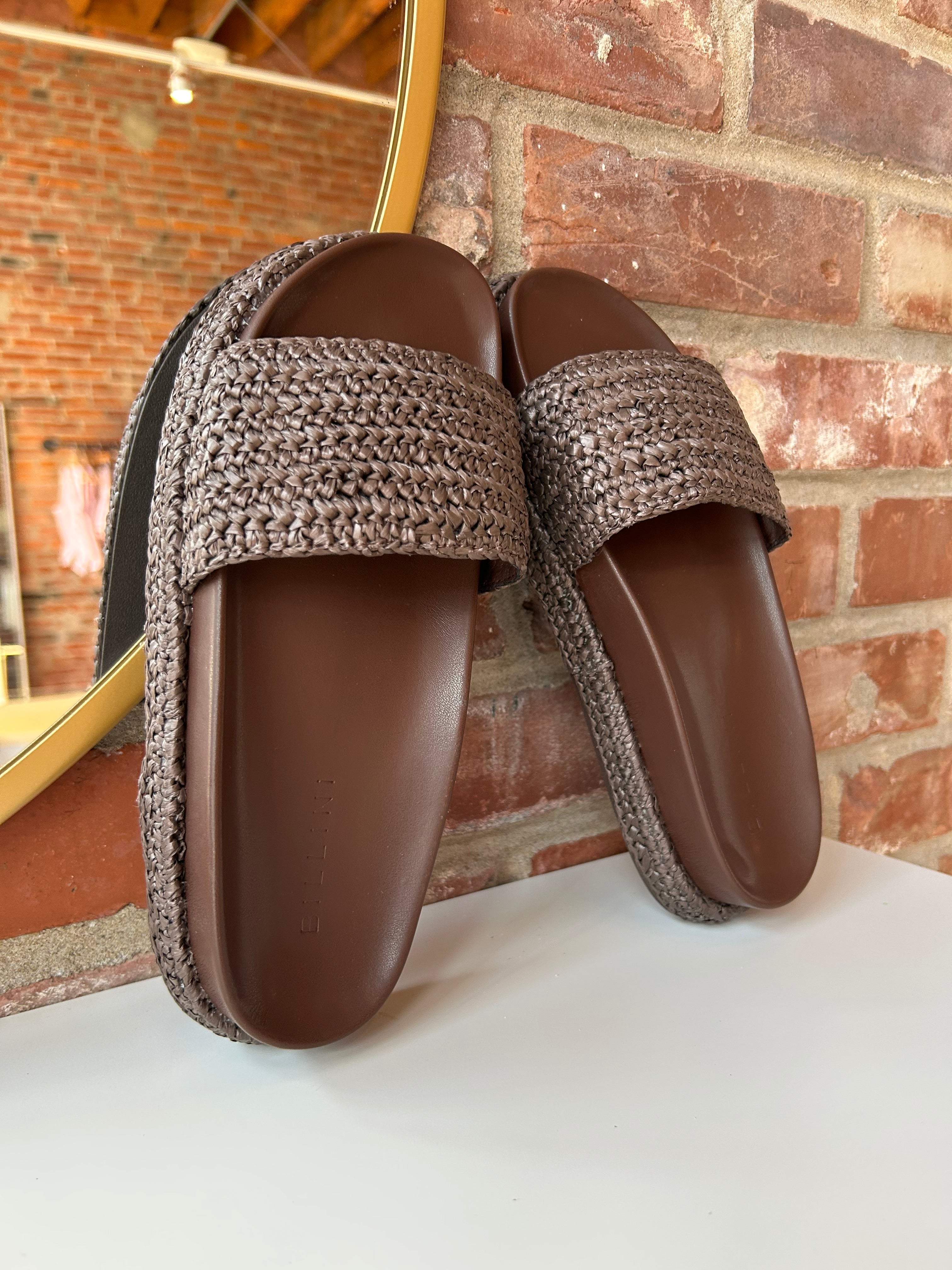 Billini Annie Brown Woven Sandal with a braided strap, cushioned sole, and slip-on design for a chic and comfortable look.