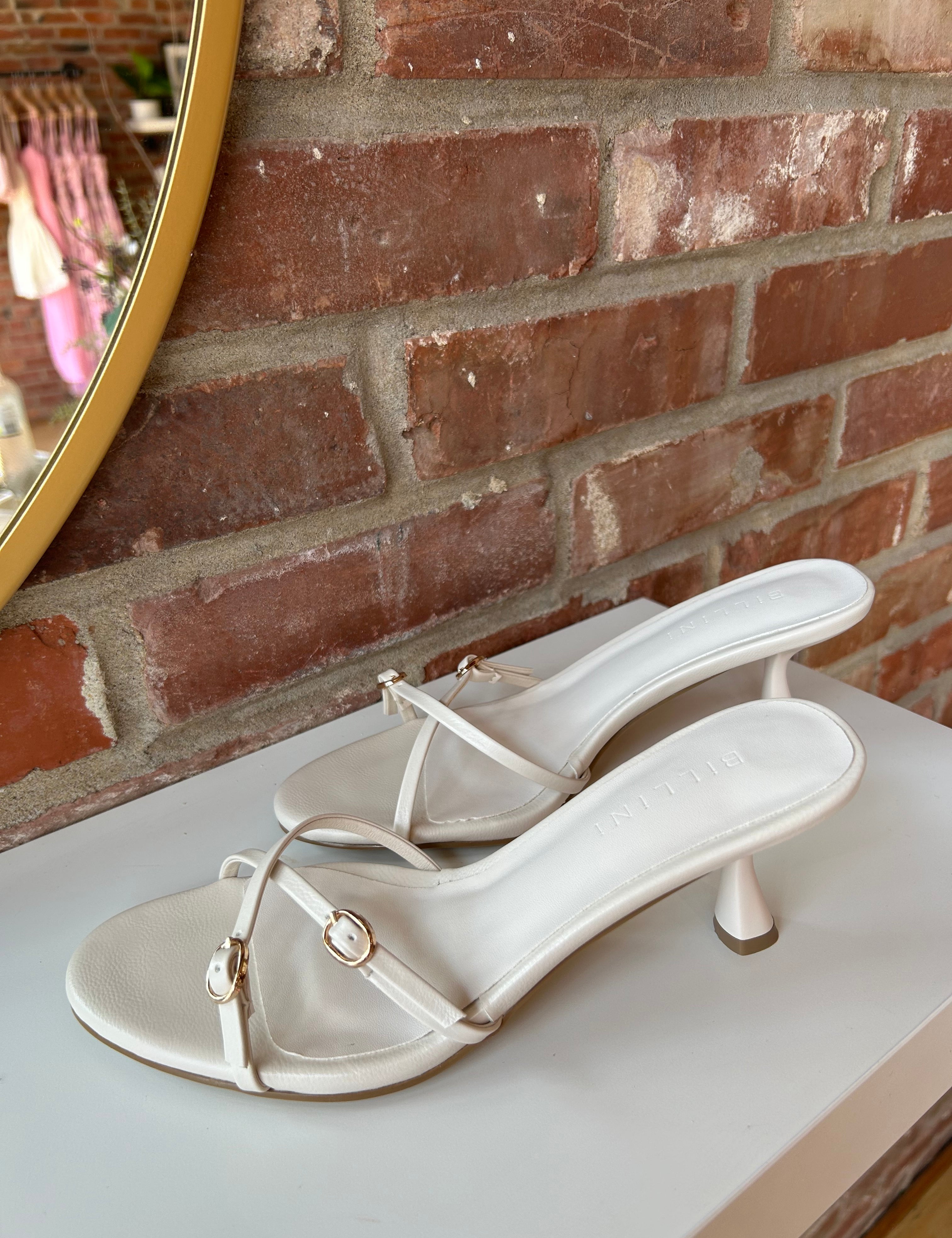 Billini Holly Kitten Heel with delicate straps, gold hardware, and a stylish low heel for a modern and elegant look.
