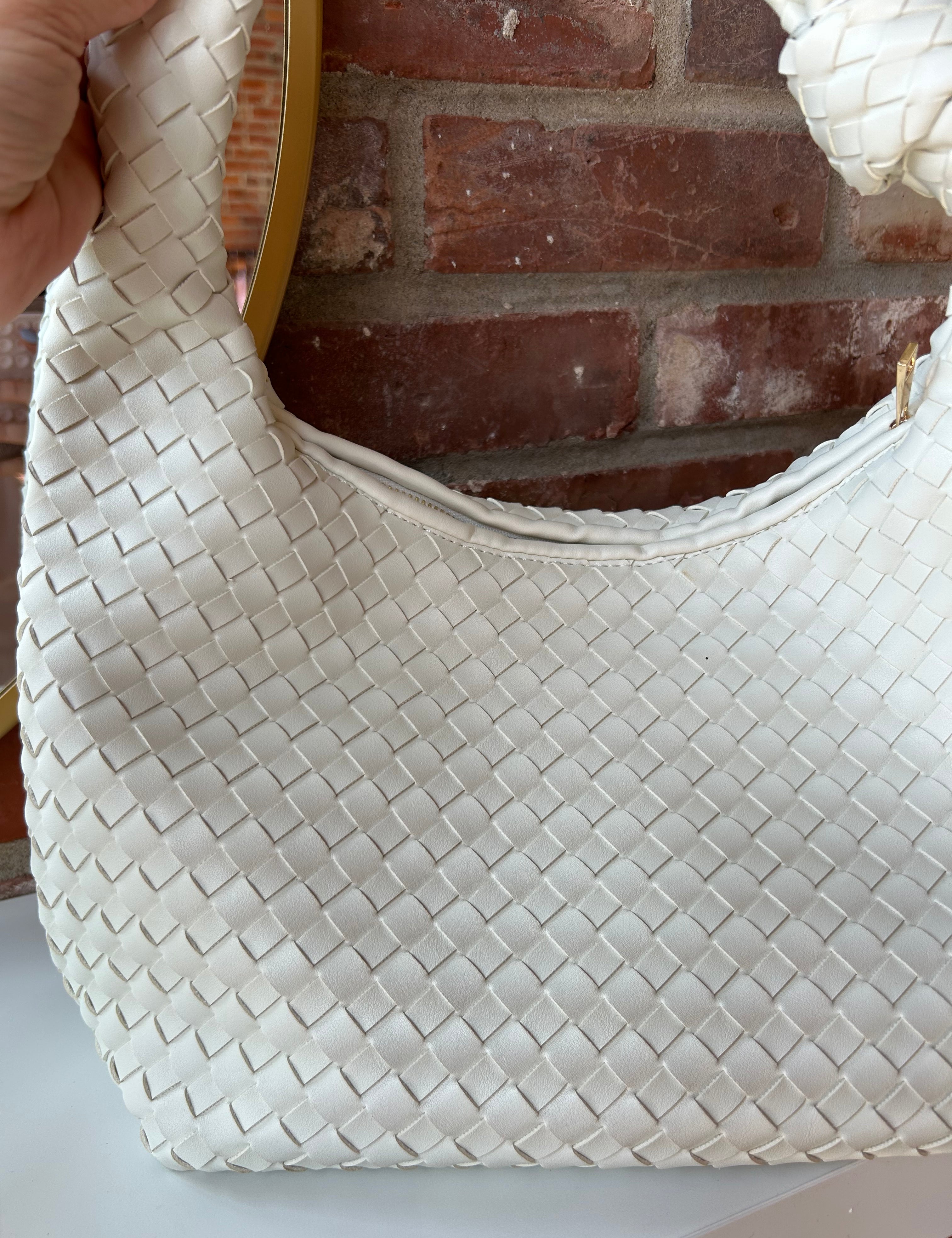 Zara Woven Handbag - Cream with a textured woven design, knotted handle, and zip closure for a stylish and versatile look.