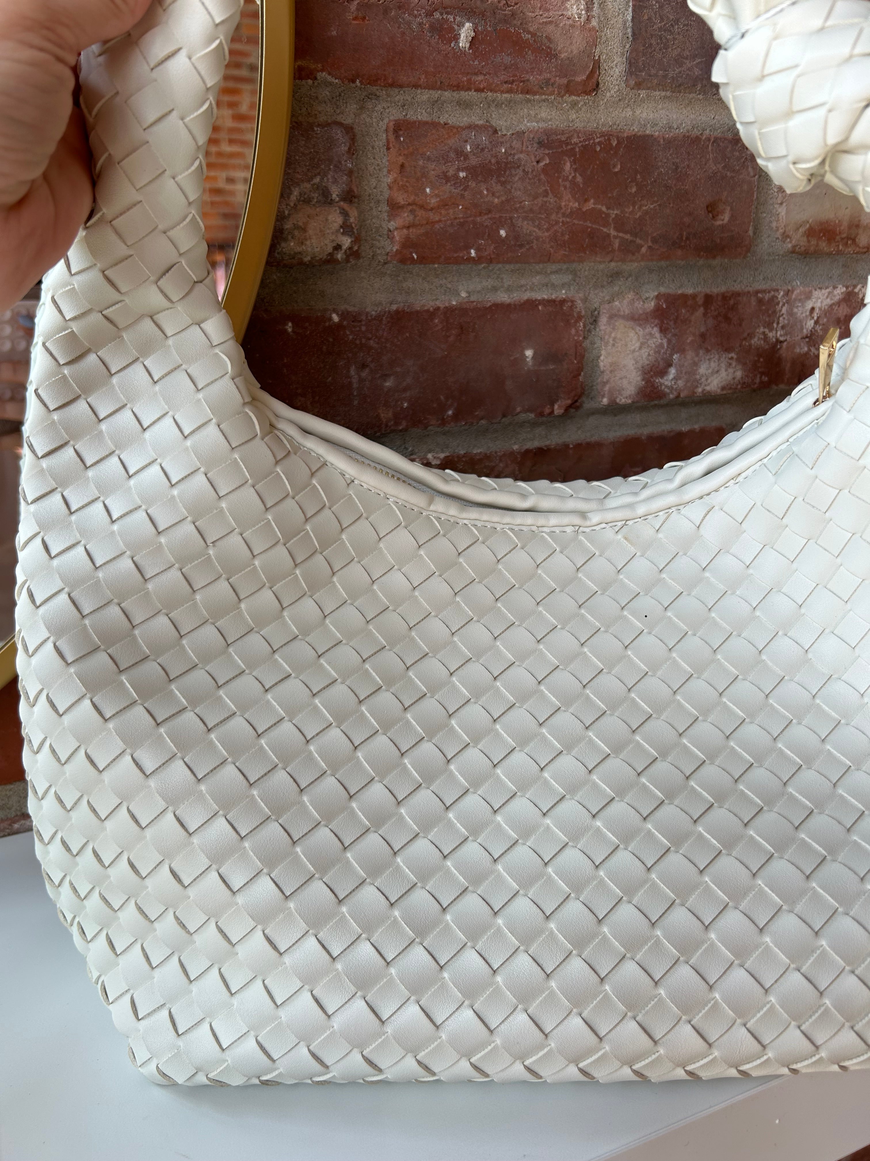 Zara Woven Handbag - Cream with a textured woven design, knotted handle, and zip closure for a stylish and versatile look.