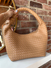 Zara Woven Handbag - Camel with a woven texture, knotted handle, and secure zip closure for a trendy and versatile style.