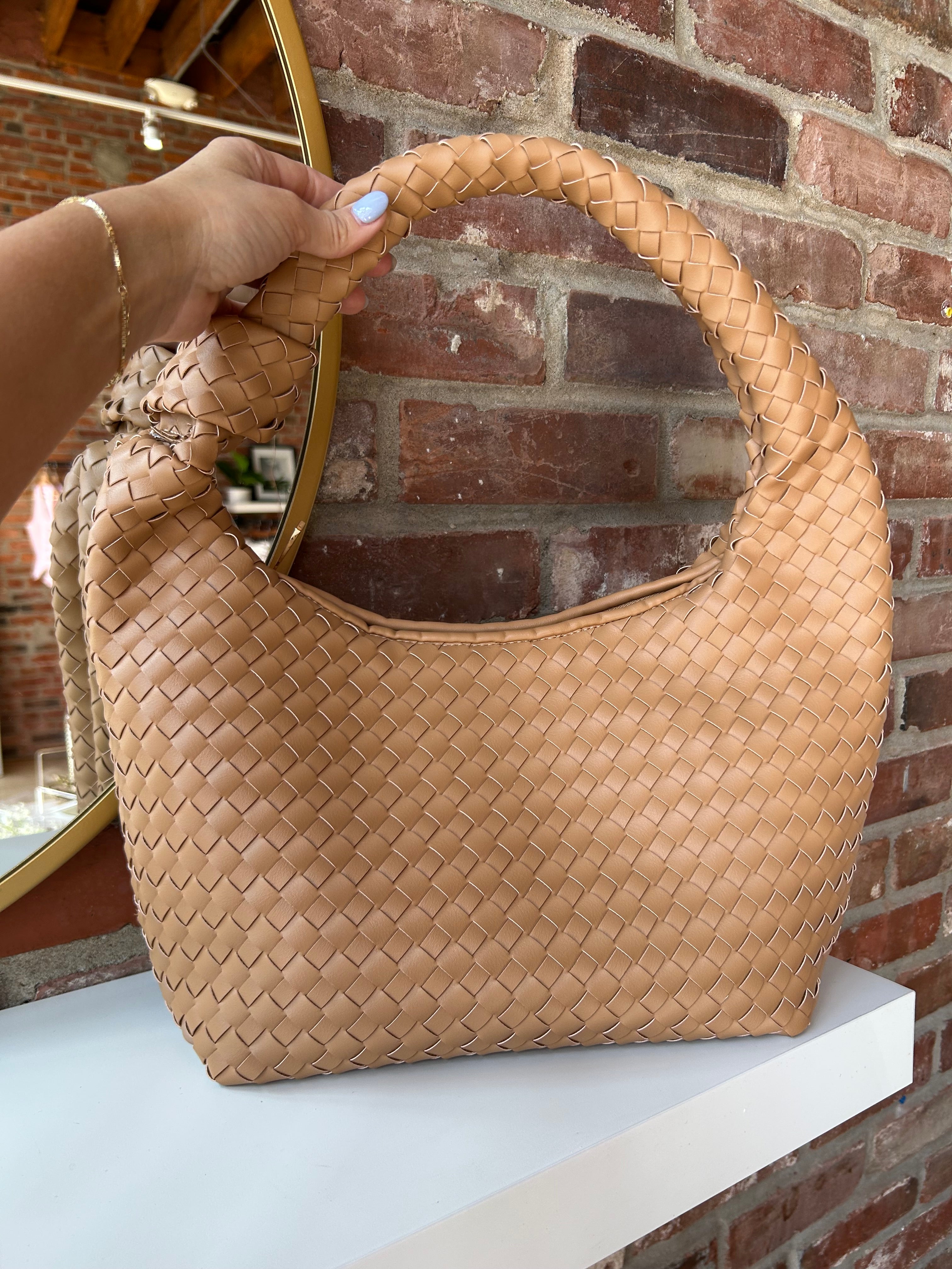 Zara Woven Handbag - Camel with a woven texture, knotted handle, and secure zip closure for a trendy and versatile style.
