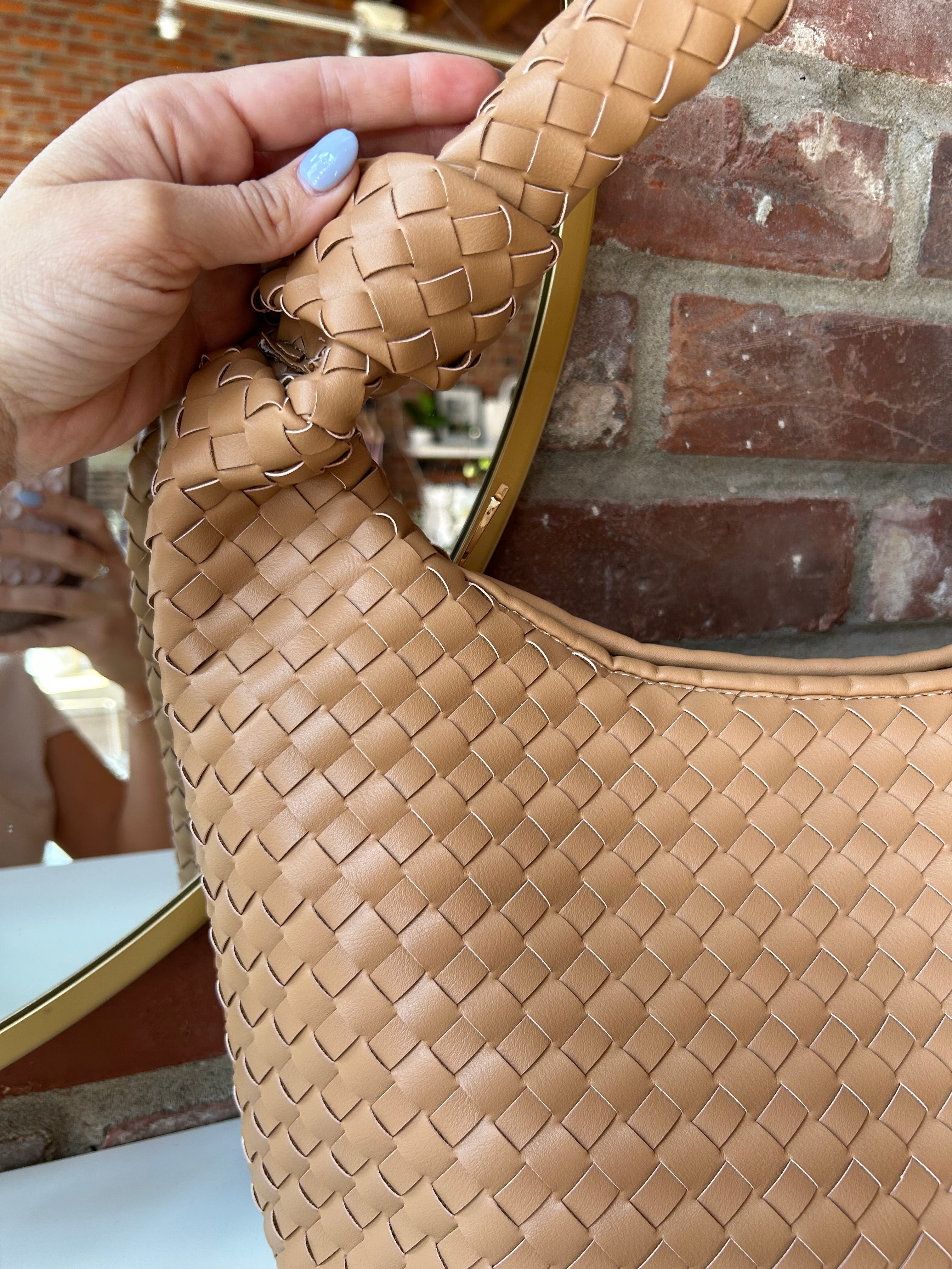 Zara Woven Handbag - Camel with a woven texture, knotted handle, and secure zip closure for a trendy and versatile style.