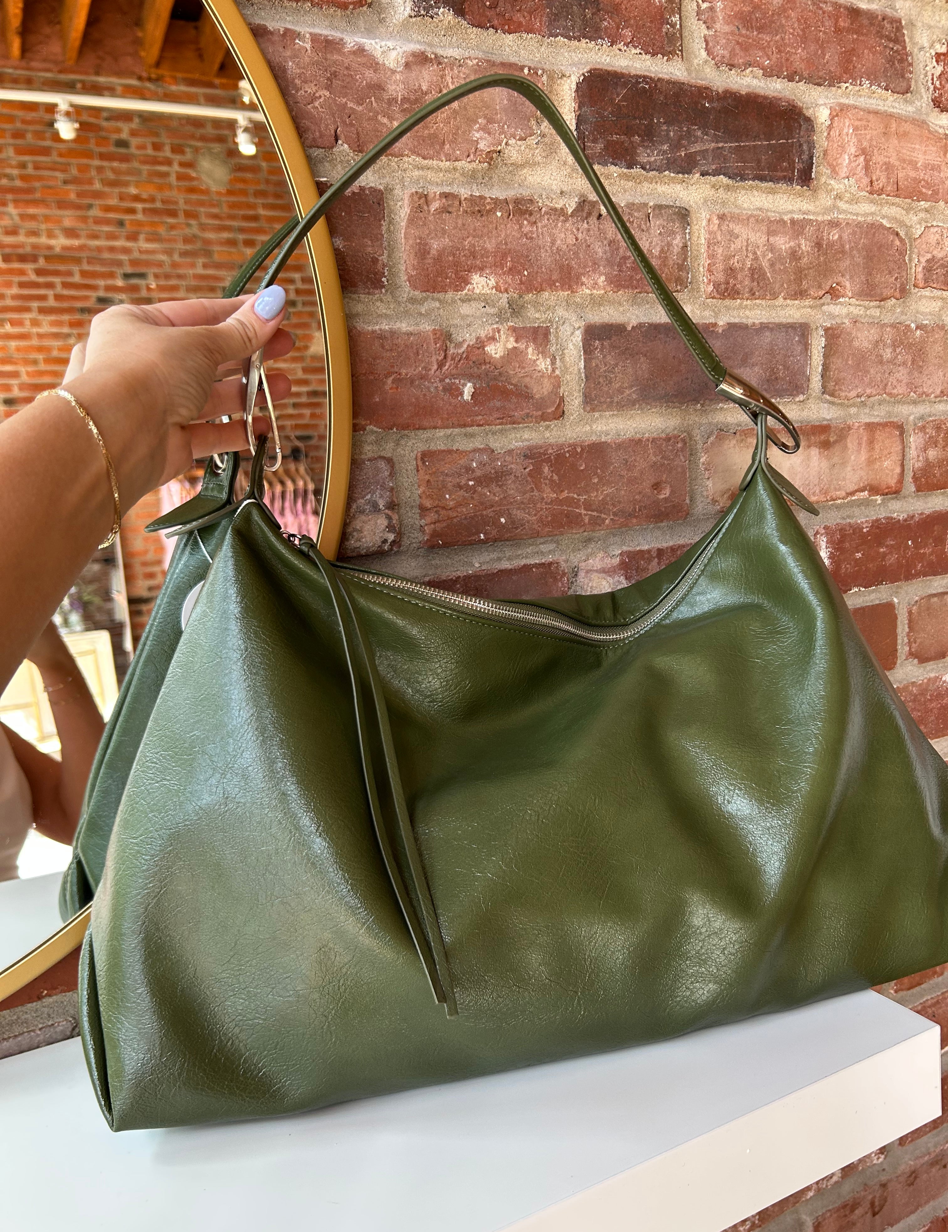 Stevie Purse - Olive with a slouchy faux leather design, zip closure, and shoulder strap for a chic and versatile look.