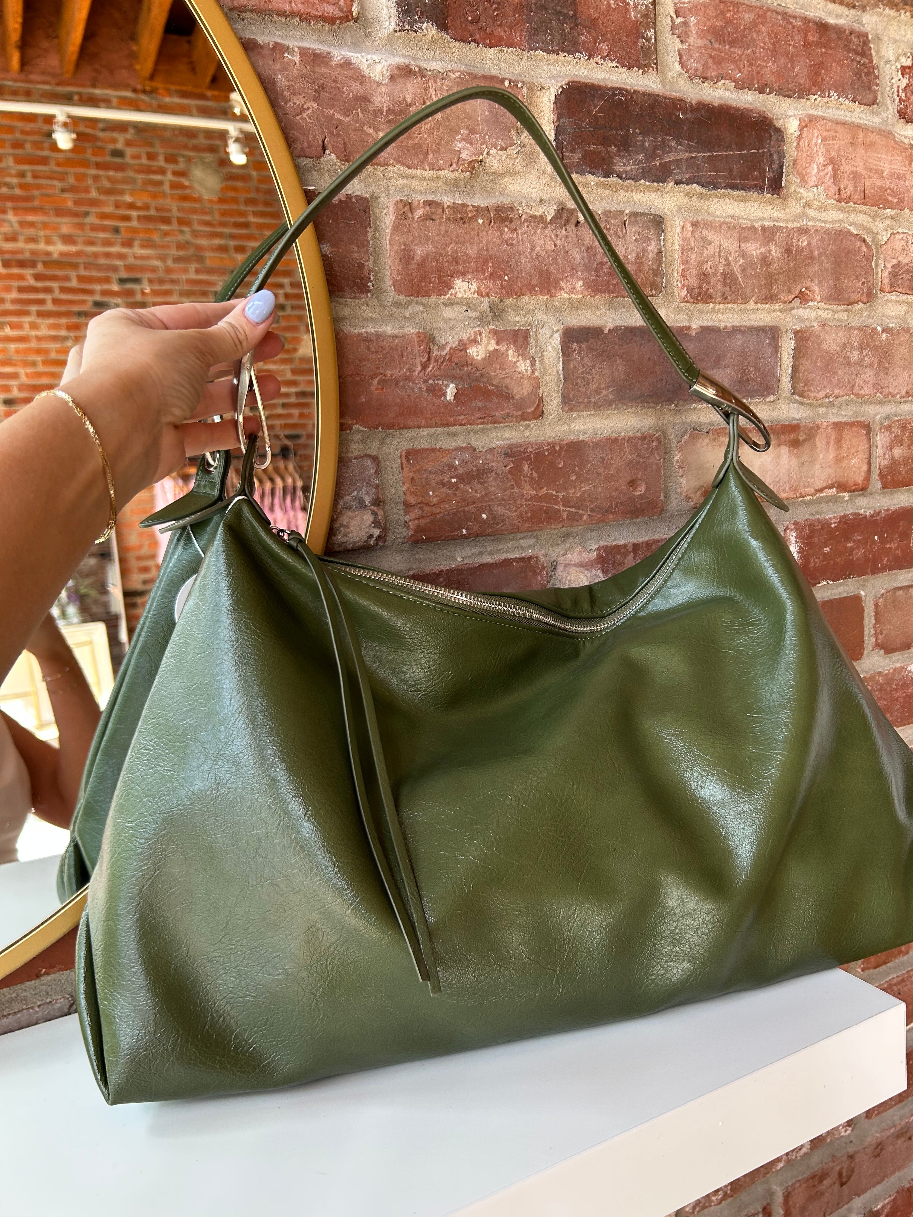 Stevie Purse - Olive with a slouchy faux leather design, zip closure, and shoulder strap for a chic and versatile look.