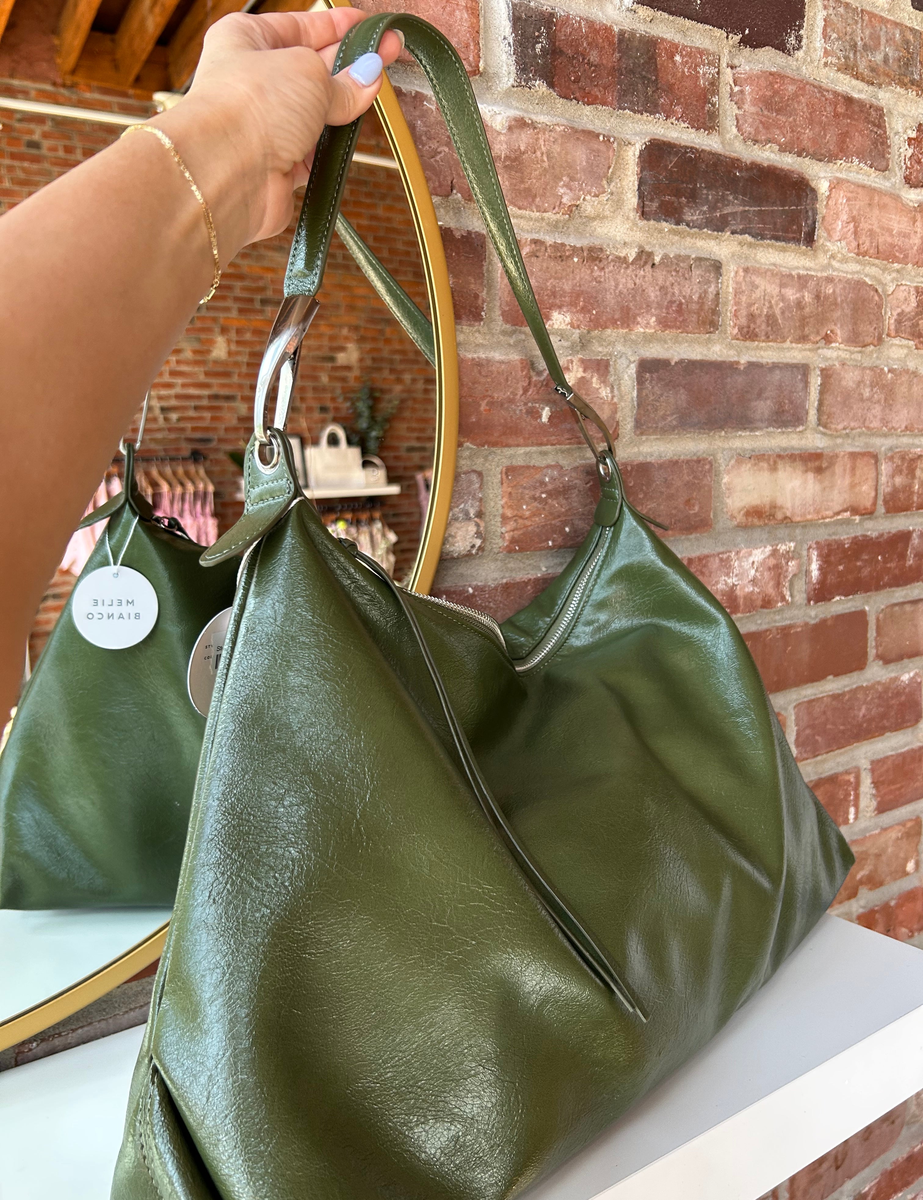 Stevie Purse - Olive with a slouchy faux leather design, zip closure, and shoulder strap for a chic and versatile look.